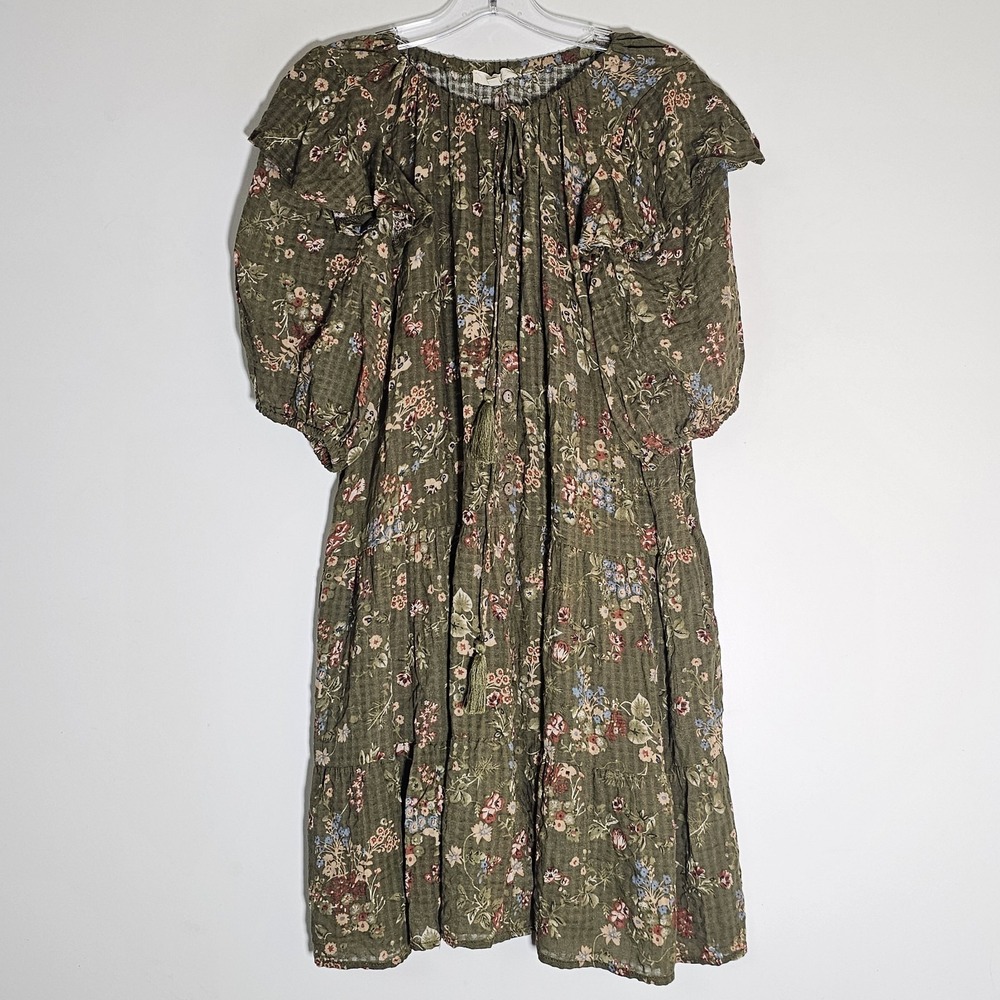 Easel Los Angeles Dress Womens Medium Green Floral Tier Ruffle Tassel Tie Boho M